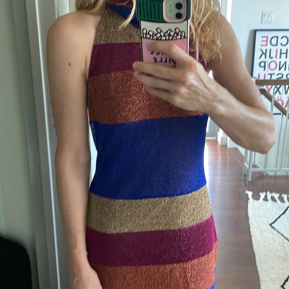 Oseree Highneck Halter Dress in Shimmery Stripe Size S - Picture 5 of 11
